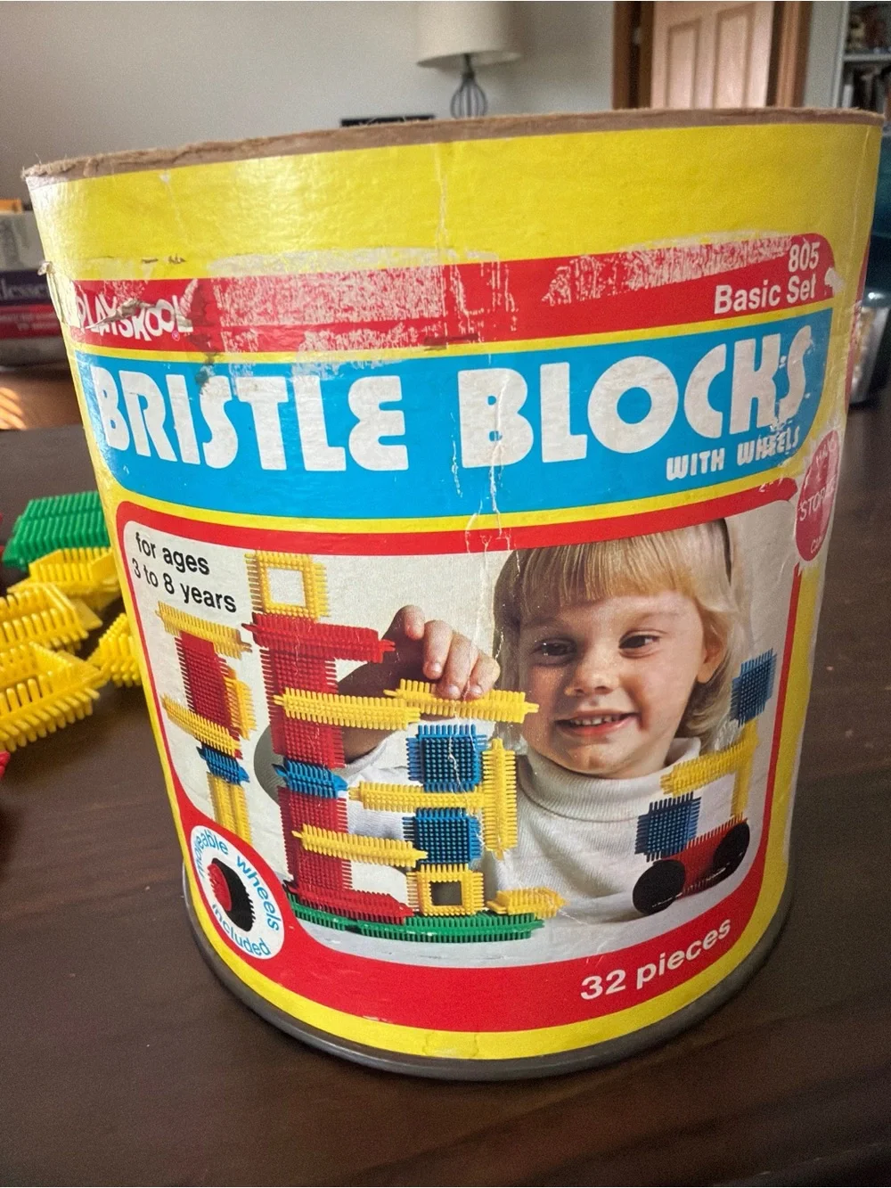 Vintage 1976 Playskool Bristle Blocks Basic Set #805 with Original Canister